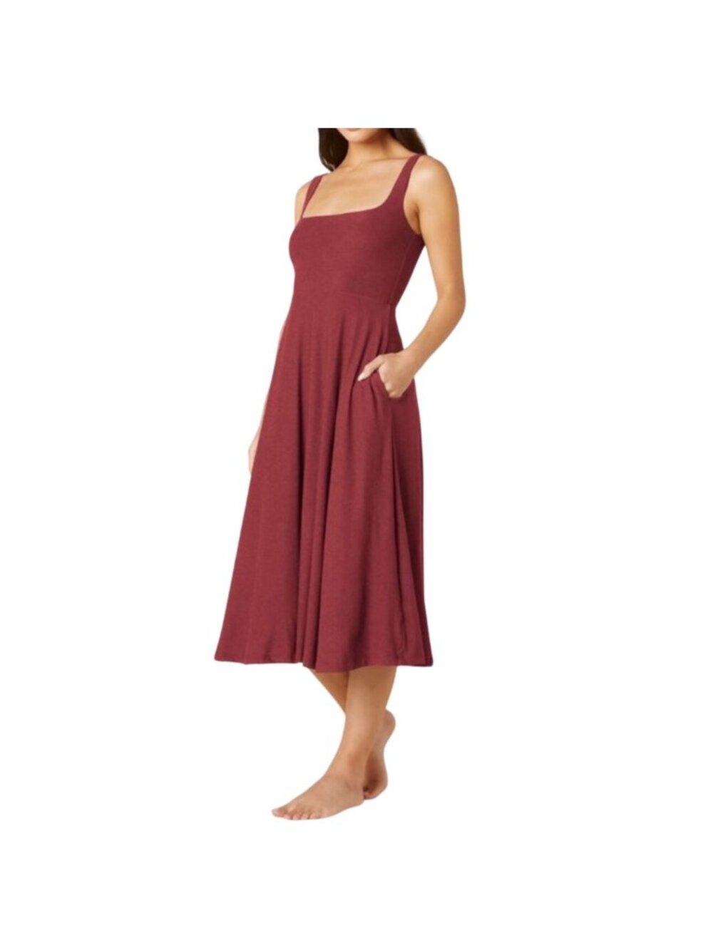 Beyond Yoga Featherweight At The Ready Square Neck Midi Dress Size S Burgundy